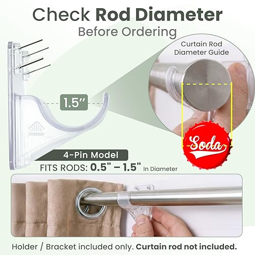 Heavy Duty Wall-Mount Curtain Rod Holders (8 Pack) - No Adhesive, 5X Stronger, Fits 1.25" Rods