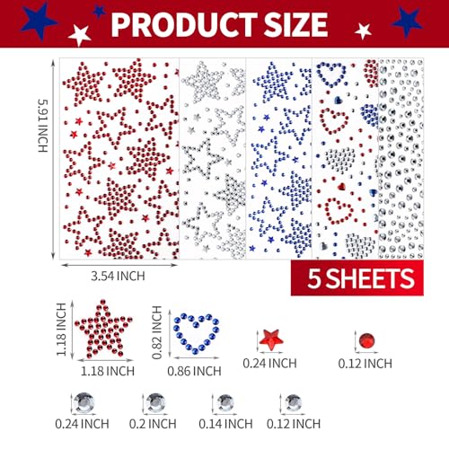 4th of July Face Gems - Red, White & Blue Star Rhinestone Stickers