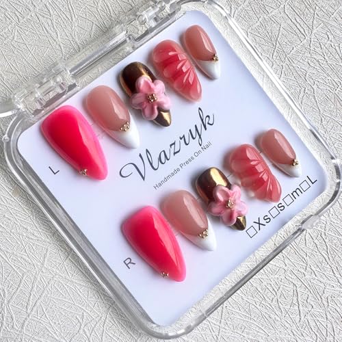 Medium Almond Press On Nails - Rose Gold 3D Flower & Gold Foil - 10PCS