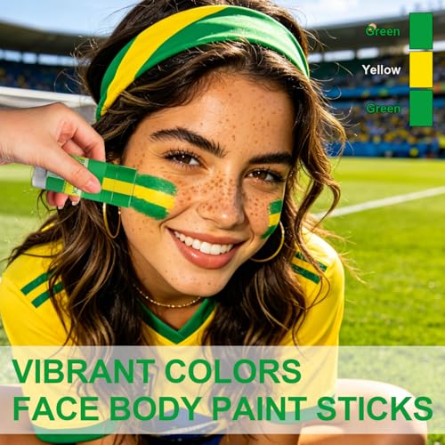 Green Yellow and Green Brazil Face Paint Stick for World Cup Fans, Sweatproof & High Pigment Sports Face Body Paint Sticks for Football, Rugby, Softball, Baseball, Lacrosse, Party Accessories