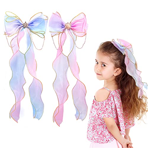 Rainbow Ribbon Hair Bows for Girls, Princess Alligator Clips, Colorful Hair Accessories