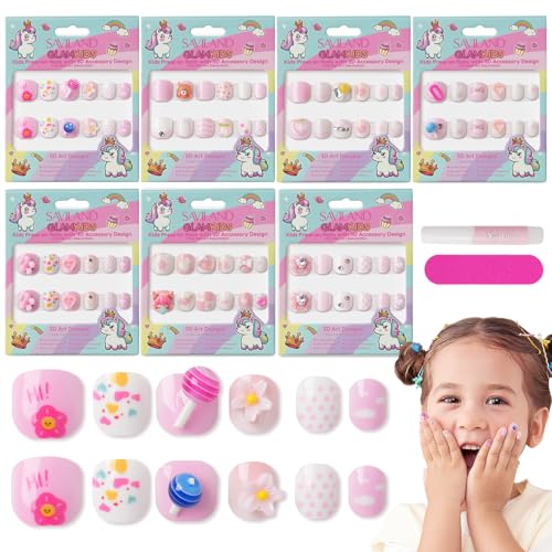 SAVILAND Kids Press-On Nails - 84 Pcs Cute 3D Fake Nails for Girls (5-9)