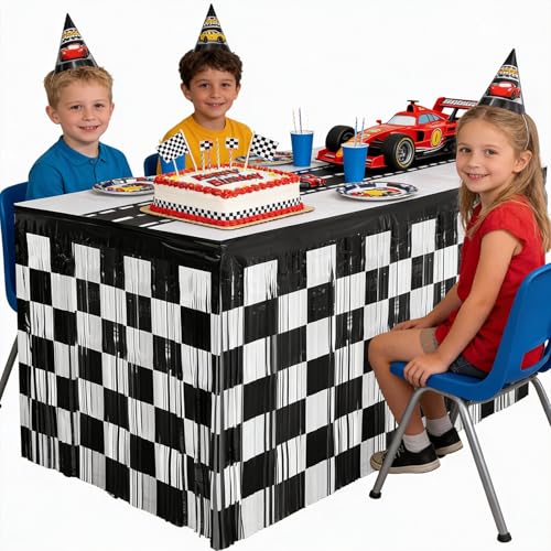 Race Car Tinsel Fringe Table Skirts - 2 Pack, 29.5 x 108 Inch