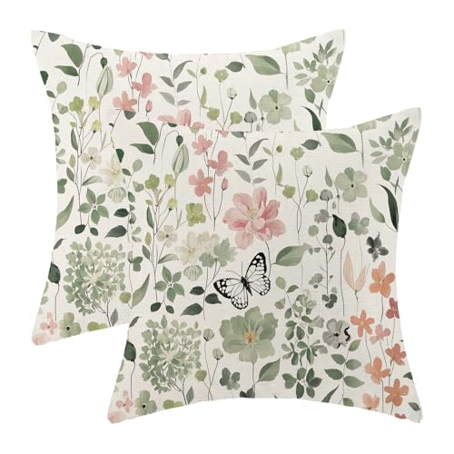 Spring Floral Pillow Covers 18x18 - Set of 2 Botanical Linen Cushions