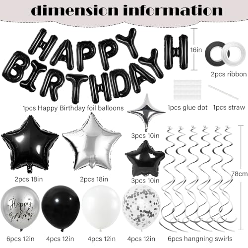 Black and Silver Birthday Decorations Set with Balloons & Banner
