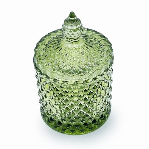 Olive Green Crystal Glass Qtip Holder & Candy Jar with Lid
