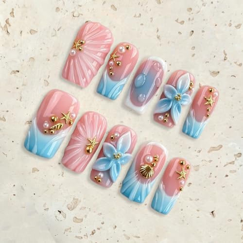 Medium Square Press on Nails with 3D Shell & Starfish Decor - M Size