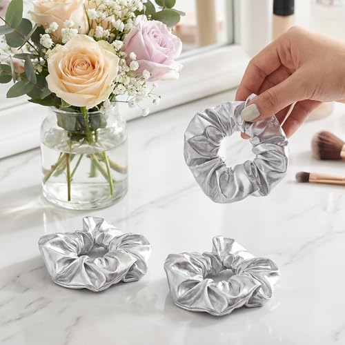 Silver PU Leather Hair Scrunchies - 4 Pcs Glam Accessories