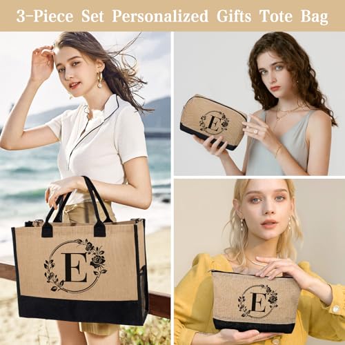Monogrammed Initial Jute Tote Bag E - Personalized Beach Bag for Women