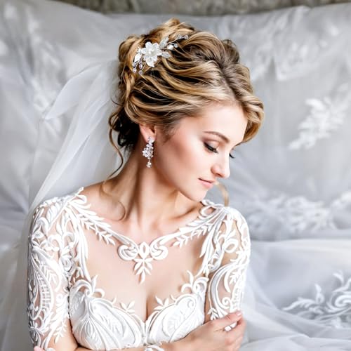 Sorcristy Bridal Flower Hair Clips Set - White Pearl & Silver Leaf Vine