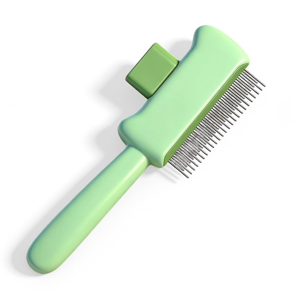 Cat Self Cleaning Pet Hair Removal Comb, Cat Grooming Brush With Long Short Stainless Steel Metal Teeth, Pet Grooming Brush For Home, Portable Cat And Dog Grooming Comb For Travel (Green)