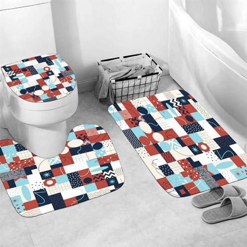 LQCOOL Geometric Patchwork Shower Curtain Set with Rugs & Hooks