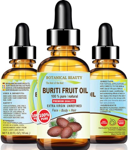 Botanical Beauty Buriti Fruit Oil - 100% Pure Virgin Unrefined for Skin & Hair (0.33 Fl Oz)