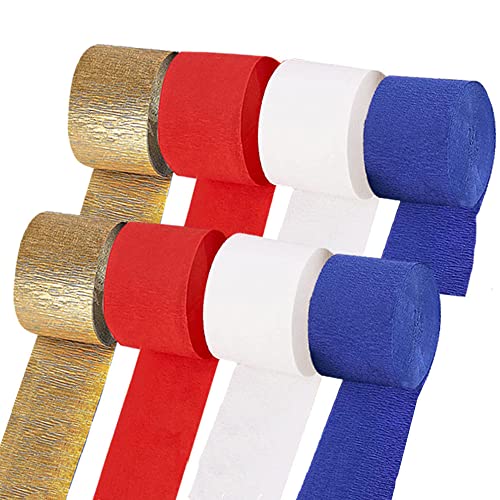 8 Rolls Crepe Paper Streamers for Party Decorations - Red, Blue, White & Gold