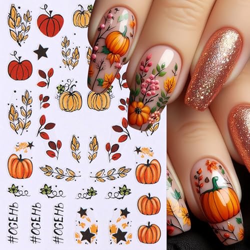 Quezadyl Falling Leaf Autumn Nail Stickers 8 Sheets Thanksgiving Pumpkin Decals