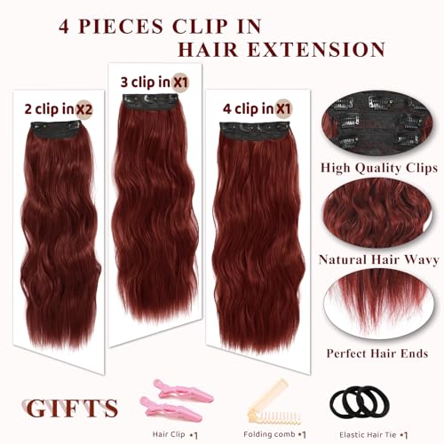 NAYOO 20-Inch Wavy Clip-In Hair Extensions - Wine Red Synthetic Fiber