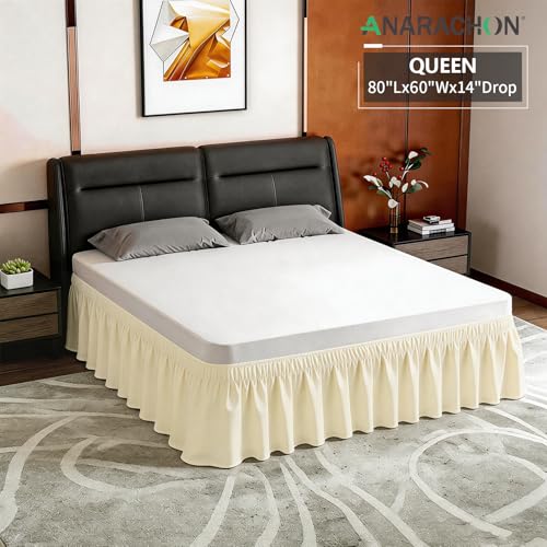 ANARACHON Queen Bed Skirt - Elastic Wrap Around Design, 14" Drop, Light Yellow