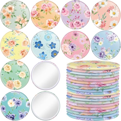 20 Pcs Floral Compact Mirrors - 2.8 Inch Portable Pocket Makeup Mirrors