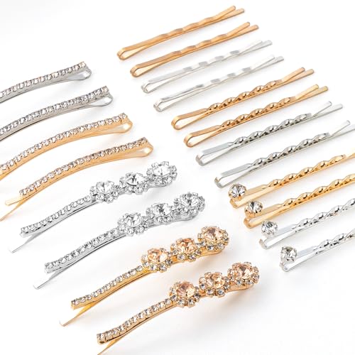 CubGreff 20Pcs Rhinestone Hair Pins Set – Gold & Silver Decorative Bobby Clips