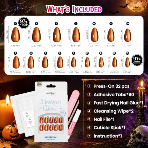 Beetles Cat Eye Press On Nails Short Almond Pumpkin Spice Halloween 3A Burnt Caramel S
