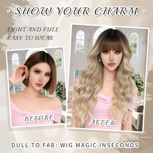 Potoki Ombre Blonde Long Wavy Synthetic Wig with Bangs - 26 Inch