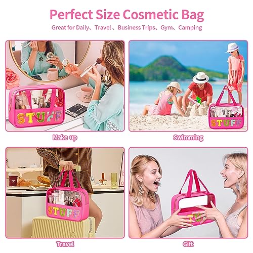 Eurovicky Vibrant Rosered Chenille Letter Patch Clear Makeup Bag - Spacious & Waterproof