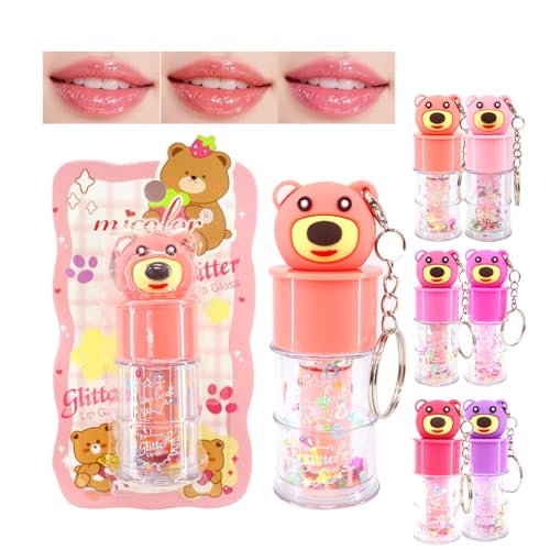 6 Pcs Hydrating Shimmer Lip Gloss Set with Cute Bear Keychain Design