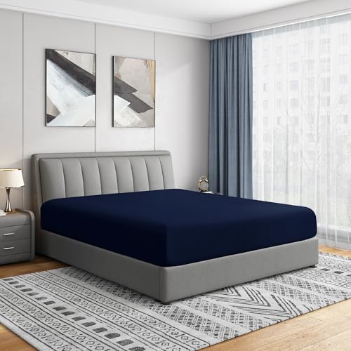Cathay Home Twin Fitted Sheet - 14" Deep Pocket, Navy Microfiber