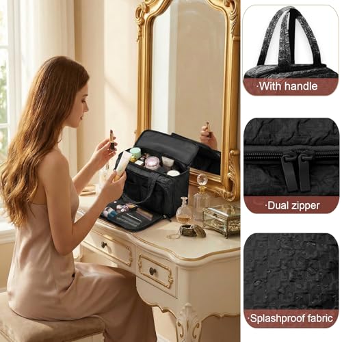 SMONT 11.5" Large Travel Toiletry Bag for Women, Waterproof Makeup & Cosmetic Organizer, Black