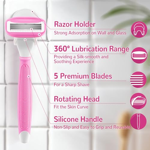DreamGenius Pink Women's Razors - 5 Blades, 14 Cartridges & Shower Holder