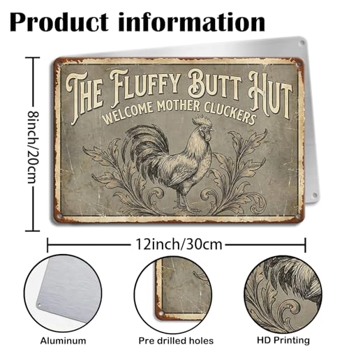 Funny Chicken Coop Decor Sign - The Fluffy Butt Hut - 8x12 Inch Metal