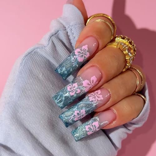 Long Square Press on Nails - Blue Gradient with Pink Floral Glitter