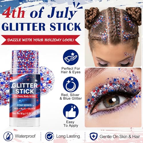 Patriotic Red White Blue Glitter Stick for Face & Hair