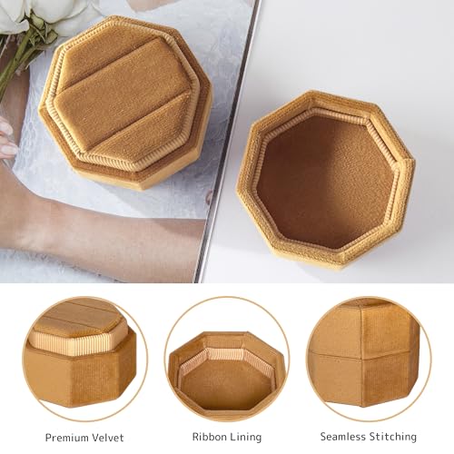 Octagonal Velvet Ring Box with 2 Slots - Bronze Travel Jewelry Case