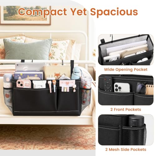 Bedside Caddy Organizer for Dorm & Bunk Beds - Adjustable Straps, Black