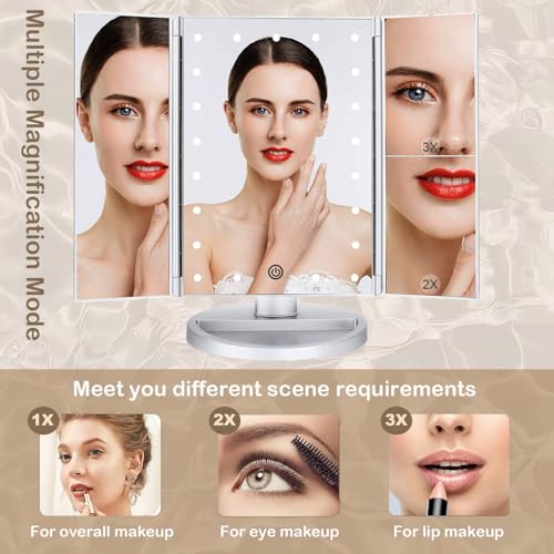 Flymiro Tri-fold Lighted Vanity Makeup Mirror with 3x/2x Magnification,Light up Mirror for Makeup,Touch Screen 21 LEDs,180¡Æ Rotation Countertop Cosmetic Mirror,Gifts for Women Mom Teen Girls