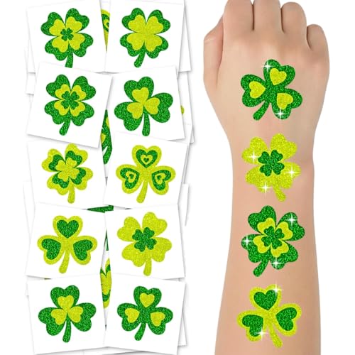 St. Patrick’s Day Glitter Shamrock Temporary Tattoos - Pack of 50, Non-Toxic Irish Party Favors