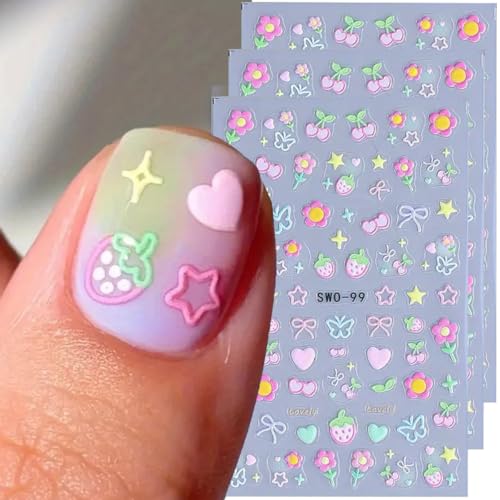 Juggssa Sweet Flower 5D Embossed Nail Stickers – Colorful Cherry, Strawberry, Heart & Star Designs for Manicure, 3 Sheets