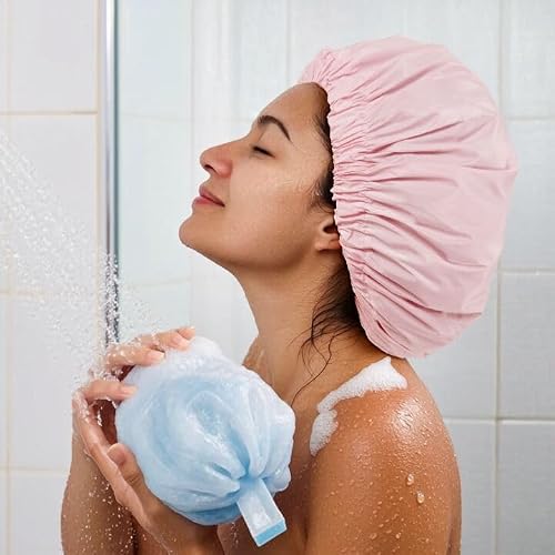 Reusable Shower Cap for Women, Large Waterproof Shower Bonnet Washable Elastic Band Bath Hair Hat for Long Hair, Braids(Pink)