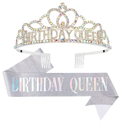 AB Silver Birthday Crown & Sash Set for Women - Rhinestone Tiara & Glitter Sash