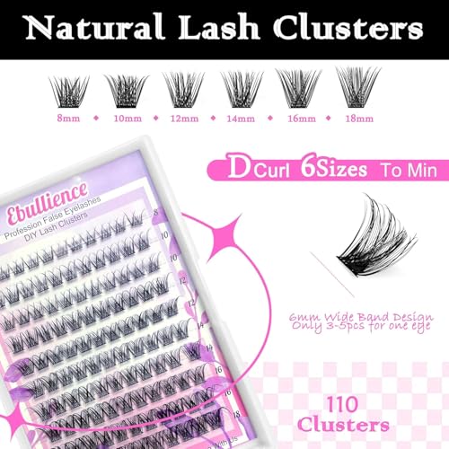 Ebullience A-Natural Lash Clusters 8-18mm D-Curl Volume Eyelash Extensions - 110 Clusters, Soft Thin Band, DIY Natural Look
