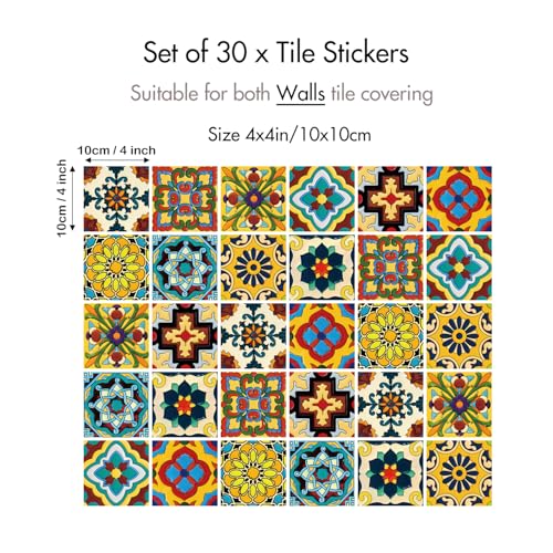 30 Pcs Mexican Talavera Peel and Stick Tile Stickers 4x4"