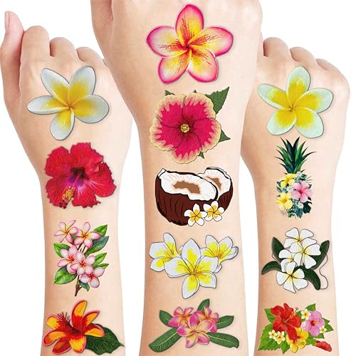 60 PCS Tropical Flower Hawaiian Temporary Tattoos for Parties