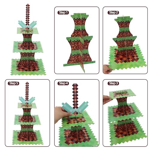 3-Tier Pixel Art Cupcake Stand with 24 Liners for Gaming Parties
