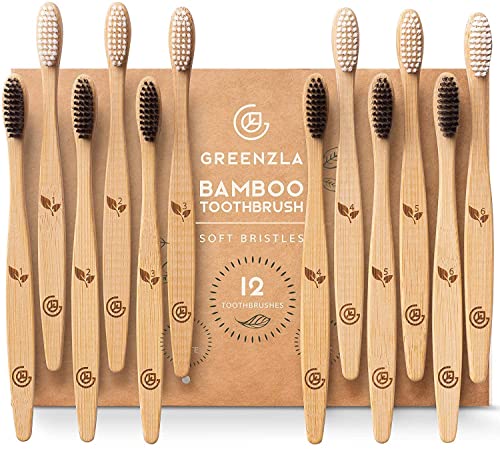 Greenzla Organic Bamboo Toothbrush Set – 12 Pack with Charcoal Bristles