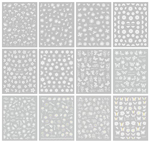 JMEOWIO 12 Sheets White Flower Nail Art Stickers - Self-Adhesive Designs for DIY Nail Art