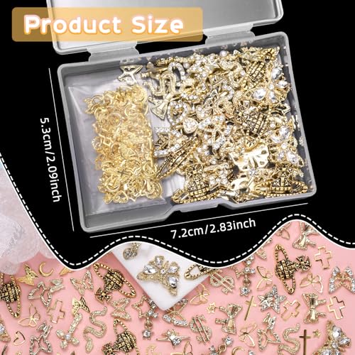 Cynailli 320 Pcs Gold Nail Charms & Gems Set - Cross, Snake, Heart, Star, Dangle & More, Variation S1