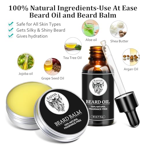 RAFFIN Men's Beard Grooming Kit with Oil, Balm, Brush & Keychain - Father's Day Gift Set