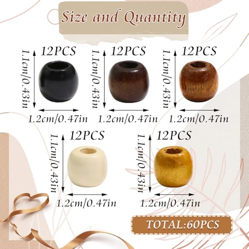 60Pcs Wooden Hair Beads Set for Braids & Dreadlocks - Natural Color