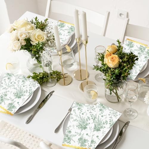 80 Pcs Green Floral Disposable Napkins with Gold Foil - Vintage Style